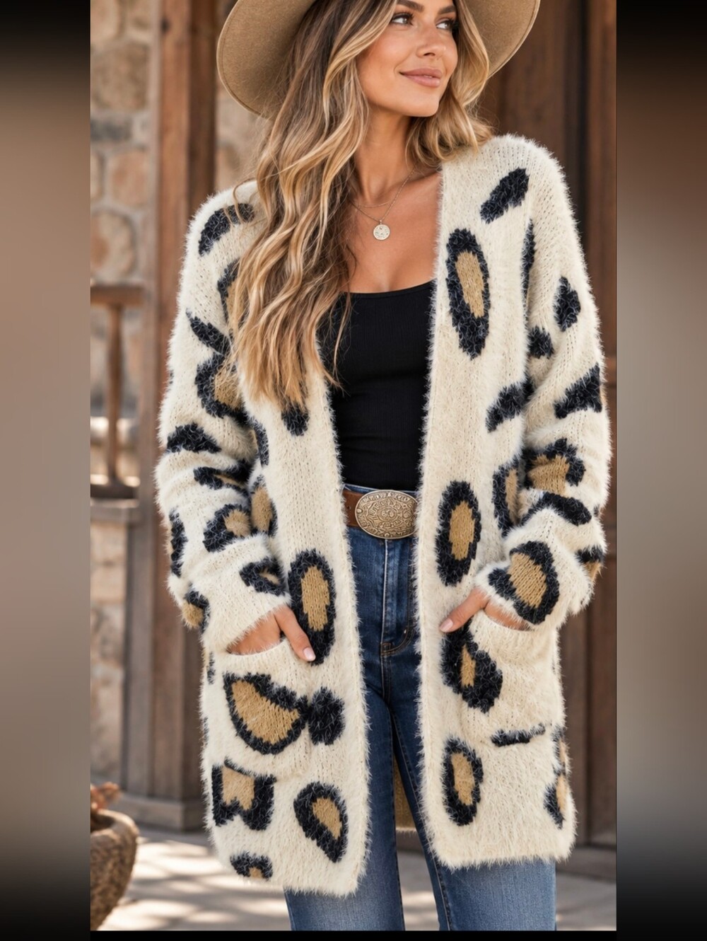 BIBI Leopard Print Fuzzy Open Front Cardigan Sweater Cream Black Tan Size M